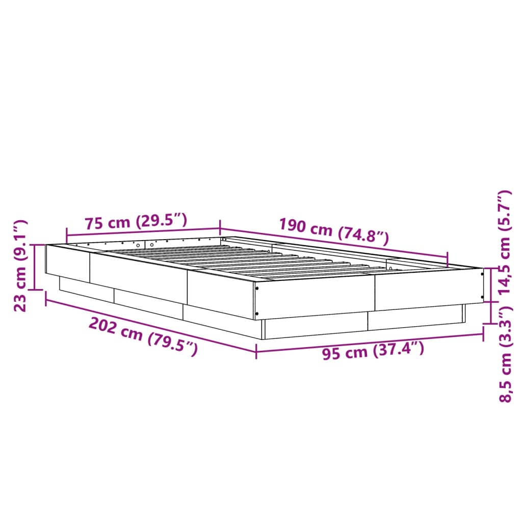 vidaXL Bed Frame with LED Lights without Mattress Sonoma Oak 75x190 cm Small Single