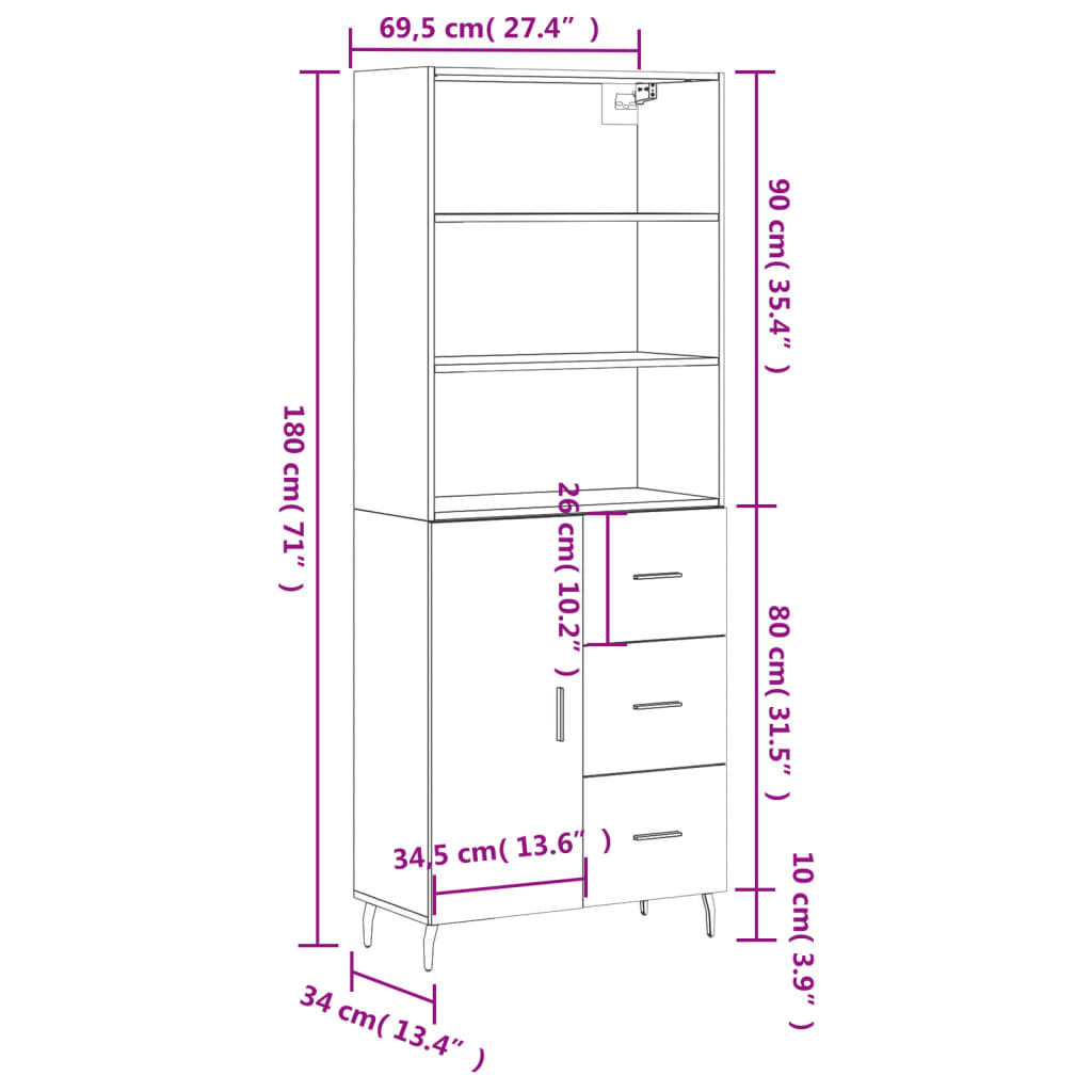 vidaXL Highboard Smoked Oak 69.5x34x180 cm Engineered Wood