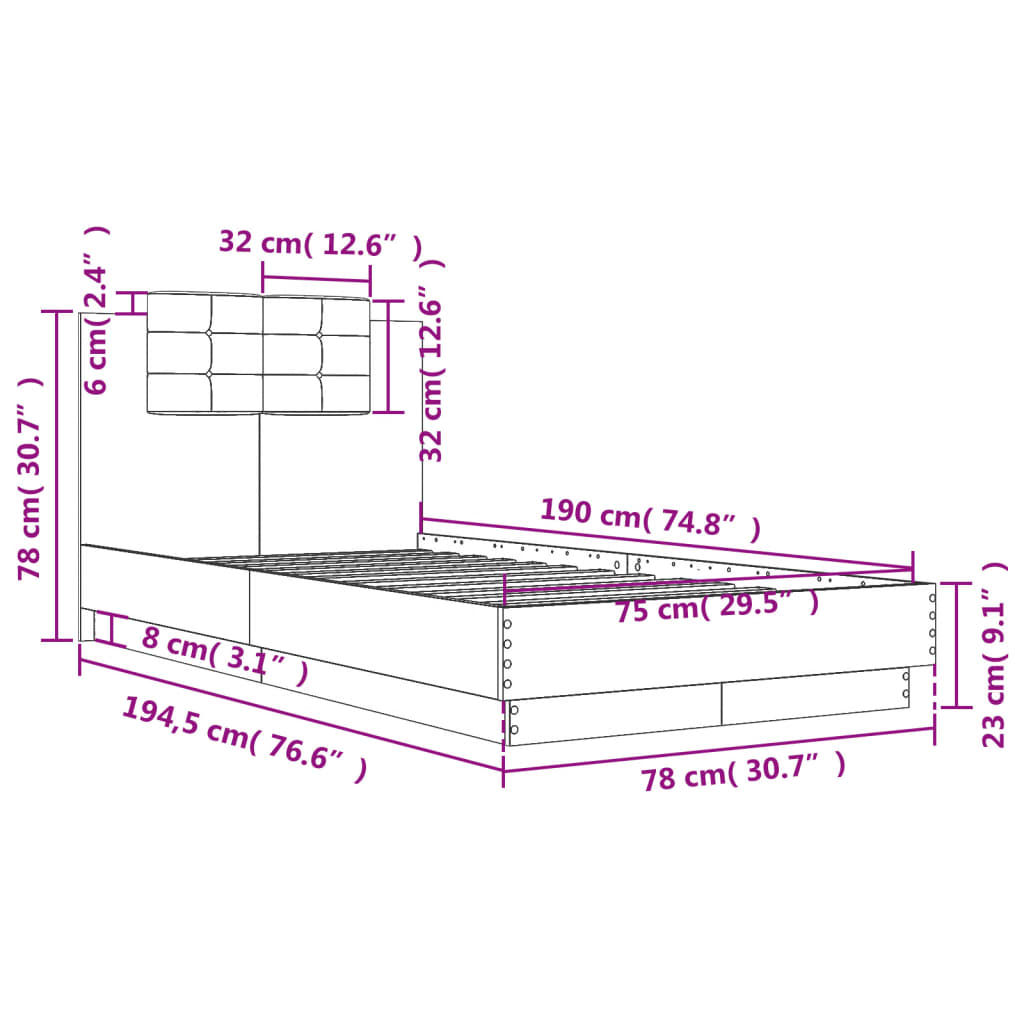 vidaXL Bed Frame without Mattress Sonoma Oak 75x190 cm Small Single