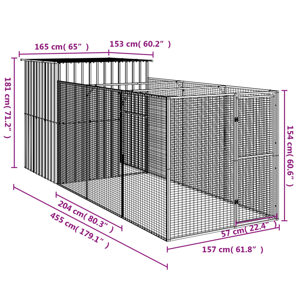 vidaXL Dog House with Run Light Grey 165x455x181 cm Galvanised Steel