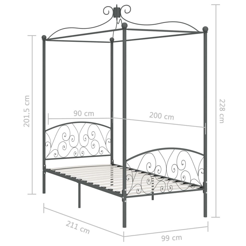 vidaXL Canopy Bed Frame without Mattress Grey Metal 90x200 cm