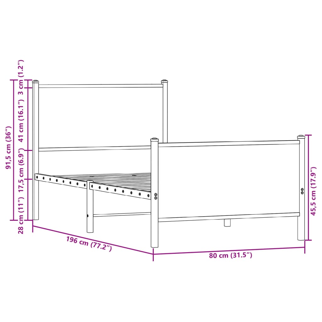 vidaXL Metal Bed Frame without Mattress Smoked Oak 75x190 cm Small Single