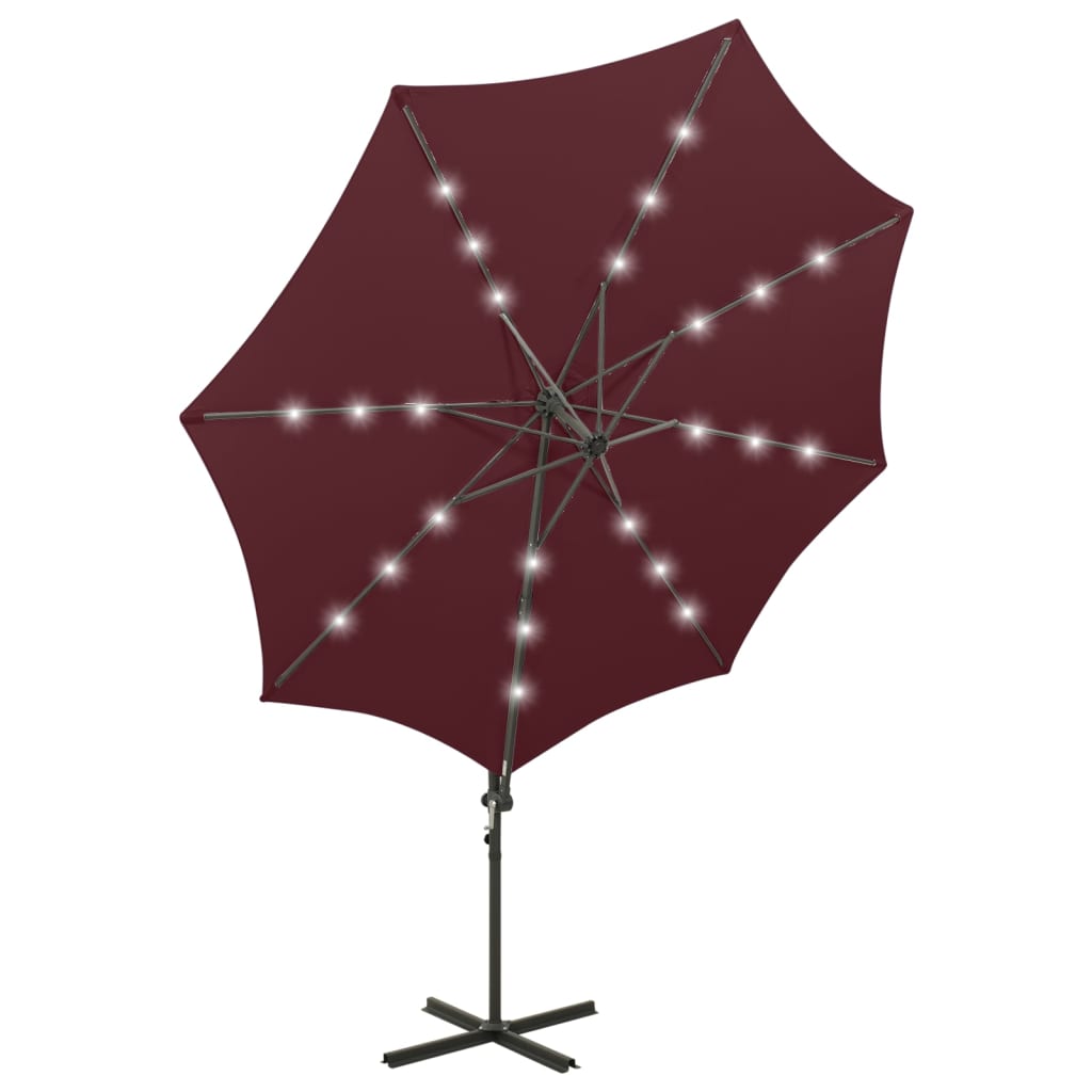 vidaXL Cantilever Garden Parasol with Pole and LED Lights Bordeaux Red 300 cm