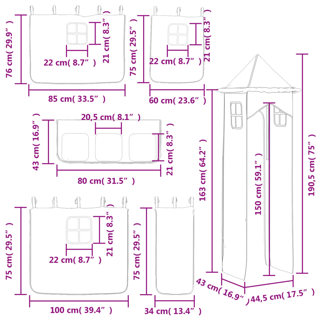 vidaXL Kids' Loft Bed with Tower without Mattress Pink 80x200 cm