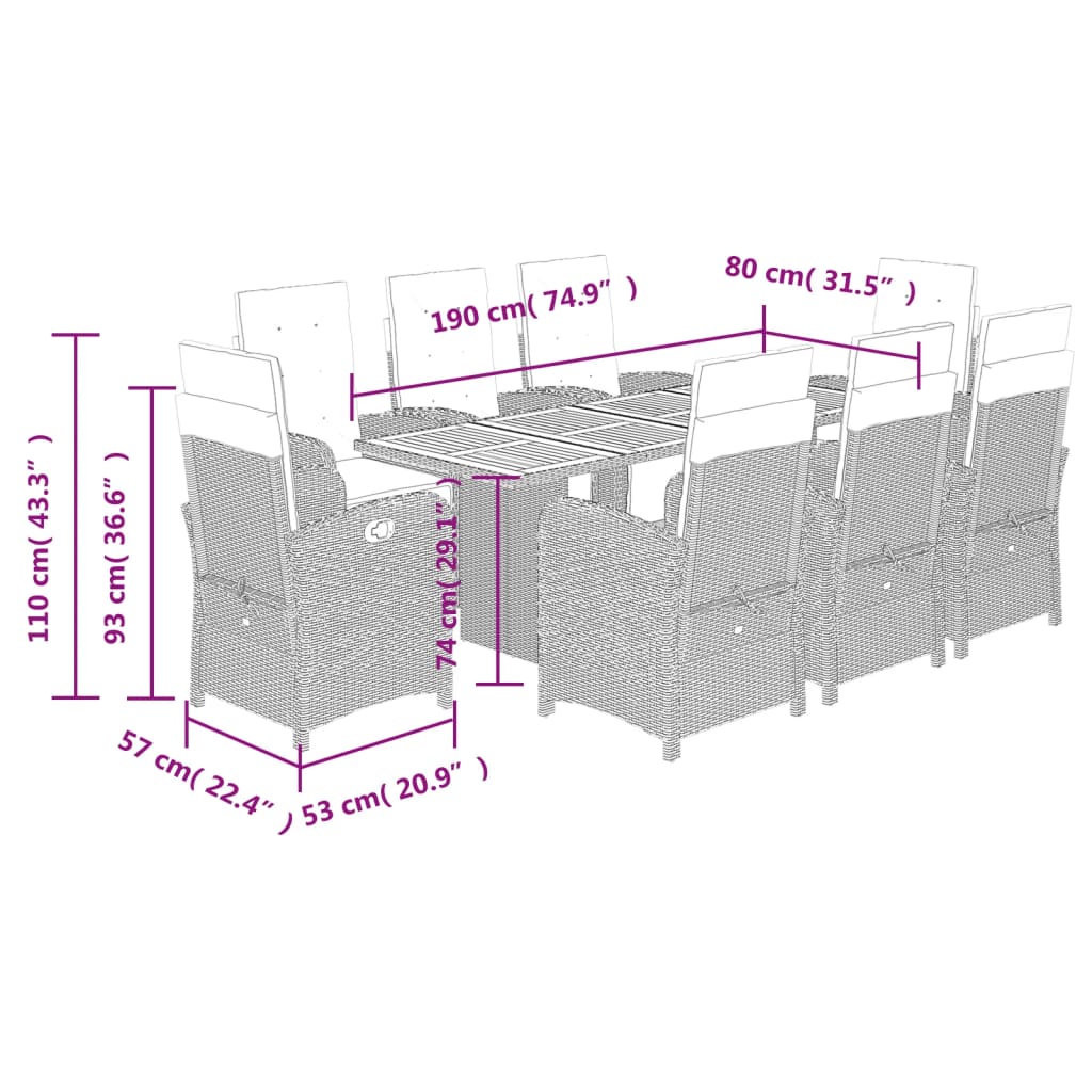 vidaXL 9 Piece Garden Dining Set with Cushions Black Poly Rattan