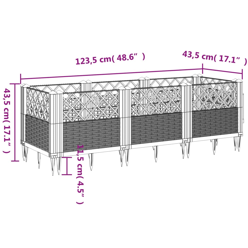 vidaXL Garden Planter with Pegs Black 123.5x43.5x43.5 cm PP