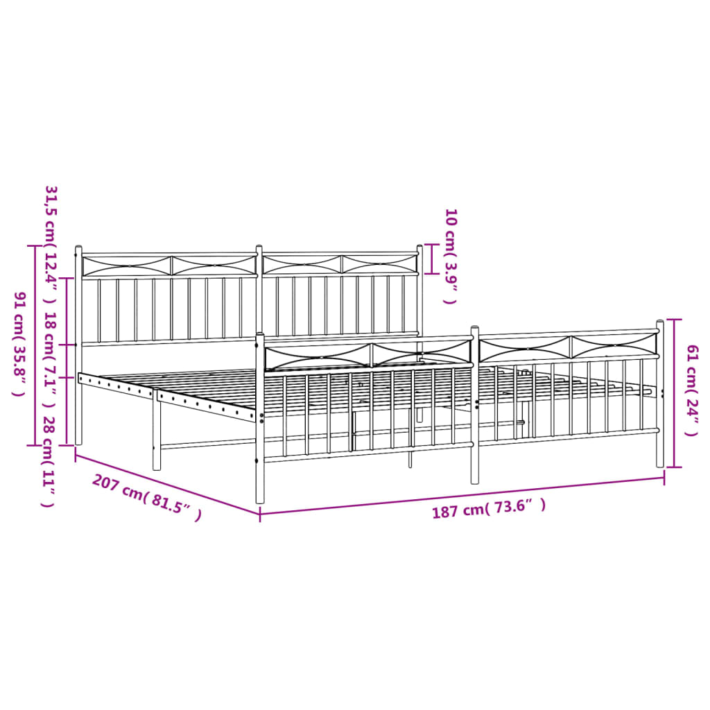 vidaXL Metal Bed Frame without Mattress with Footboard White 180x200 cm Super King