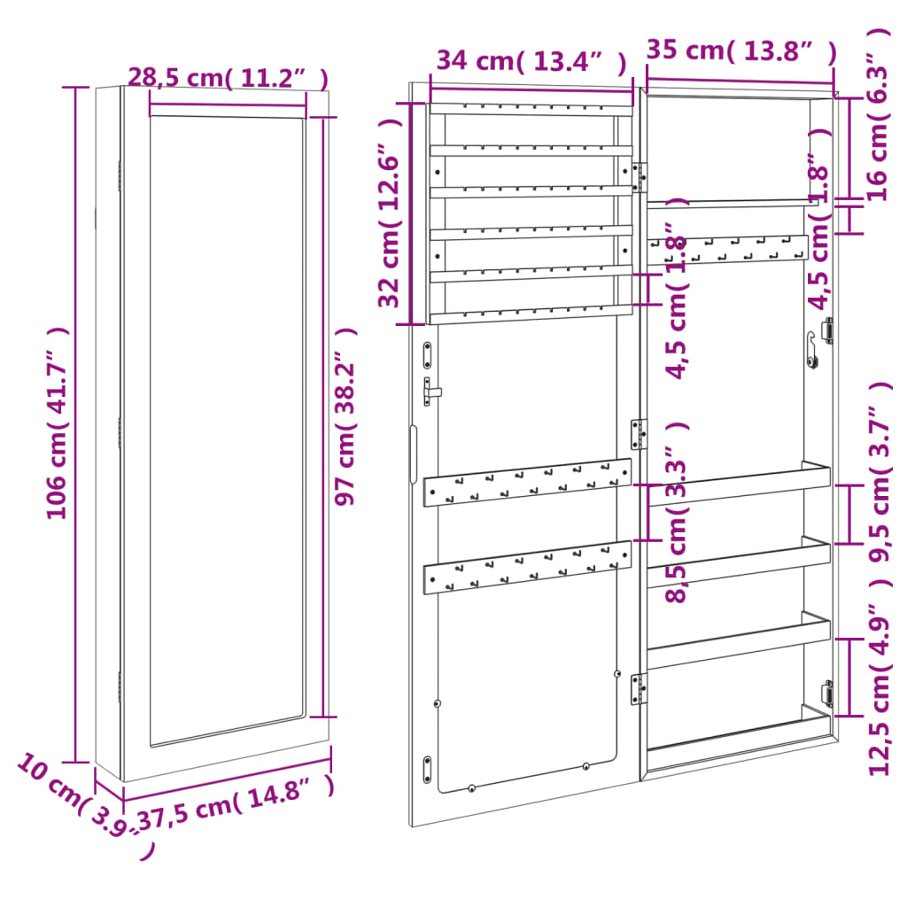 vidaXL Mirror Jewellery Cabinet Wall Mounted 37.5x10x106 cm