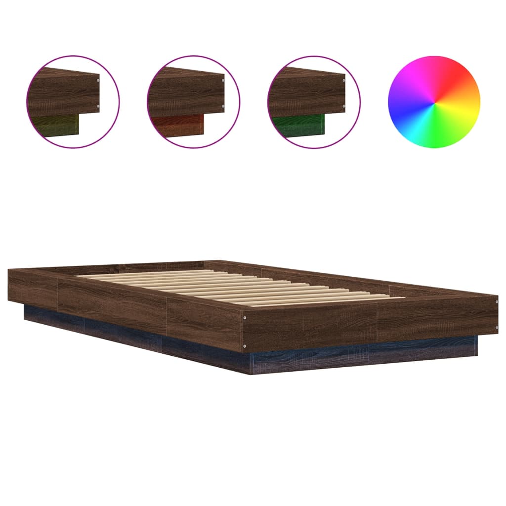 vidaXL Bed Frame with LED Lights without Mattress Brown Oak 75x190 cm Small Single