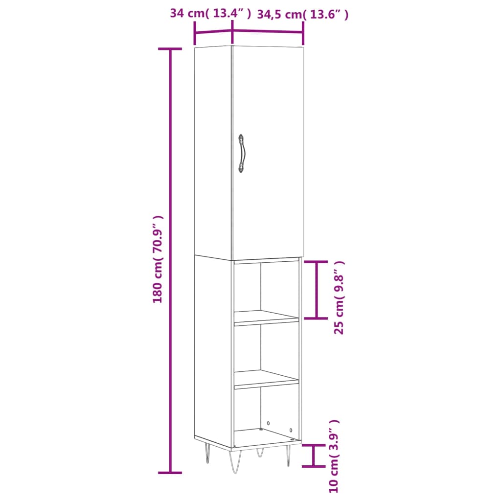 vidaXL Highboard High Gloss White 34.5x34x180 cm Engineered Wood