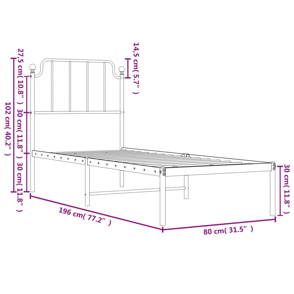 vidaXL Metal Bed Frame without Mattress with Headboard White 75x190 cm Small Single