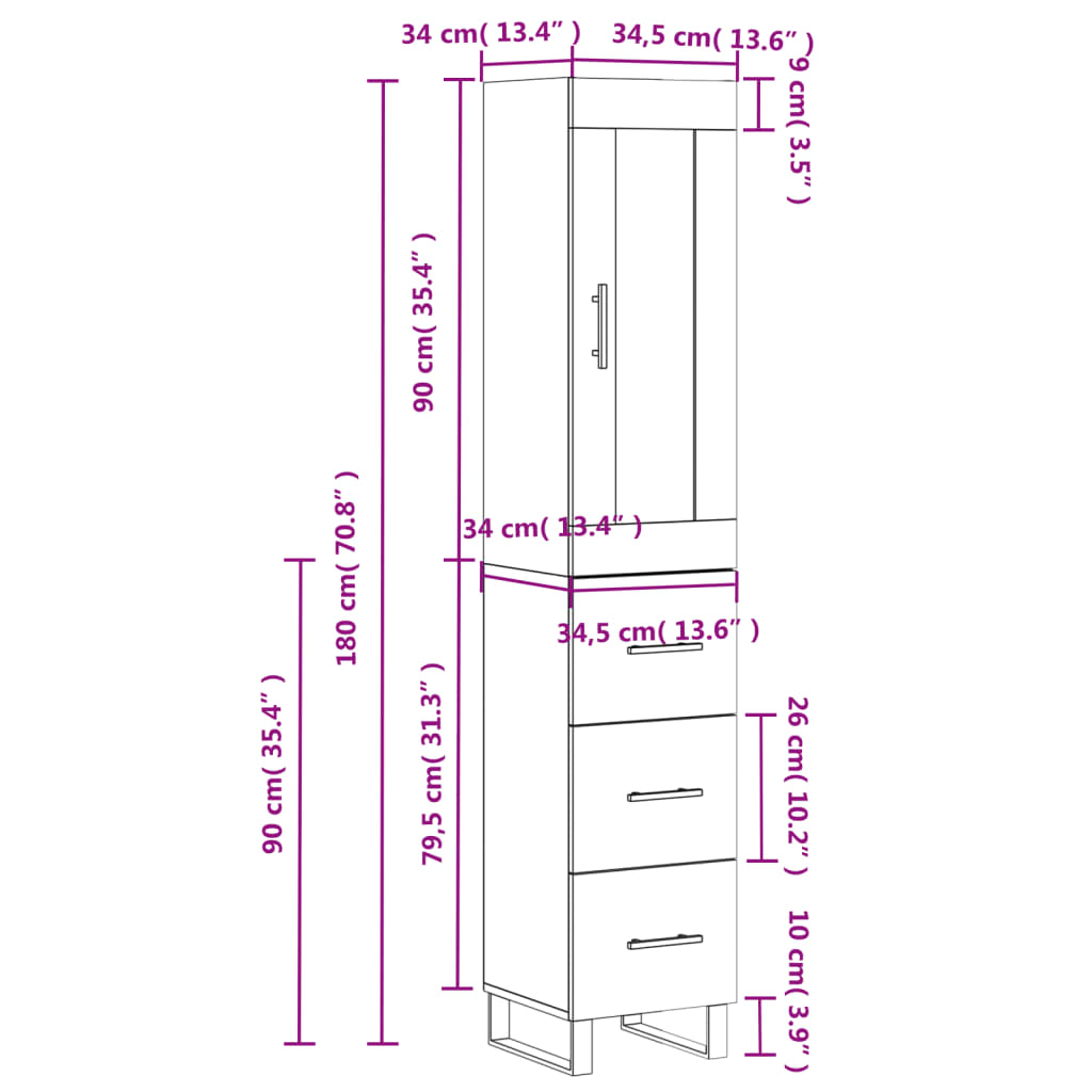 vidaXL Highboard Grey Sonoma 34.5x34x180 cm Engineered Wood