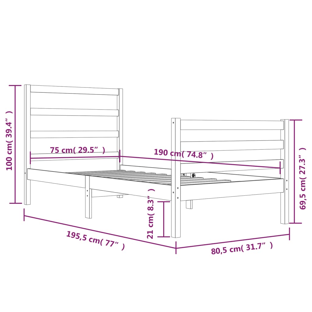 vidaXL Bed Frame without Mattress Black 75x190 cm Small Single Solid Wood Pine