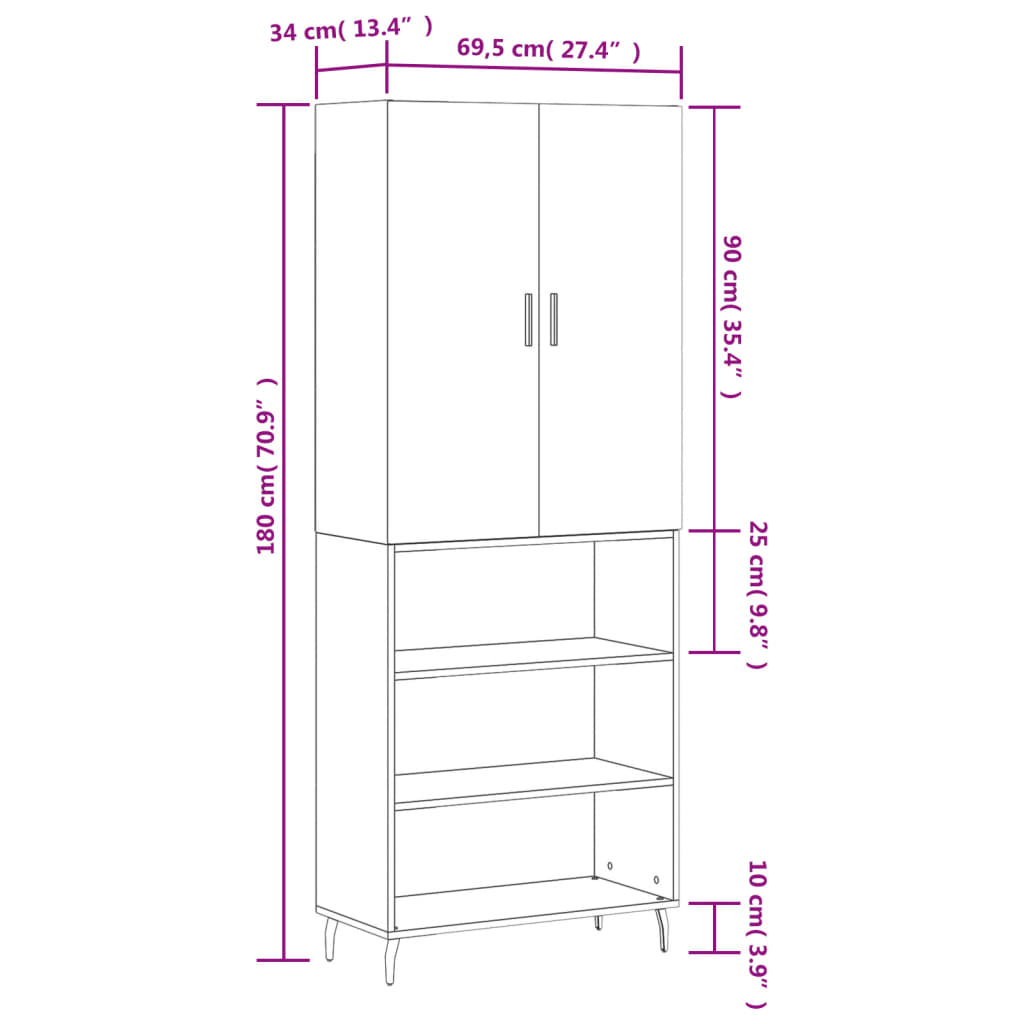 vidaXL Highboard Brown Oak 69.5x34x180 cm Engineered Wood