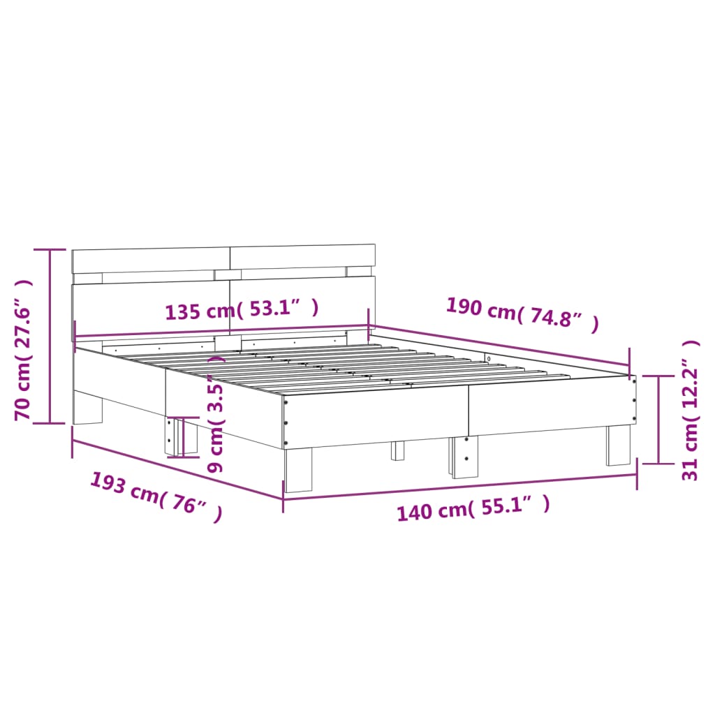 vidaXL Bed Frame without Mattress Concrete Grey 135x190 cm Double