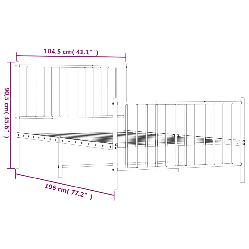 vidaXL Metal Bed Frame without Mattress with Footboard Black 100x190 cm