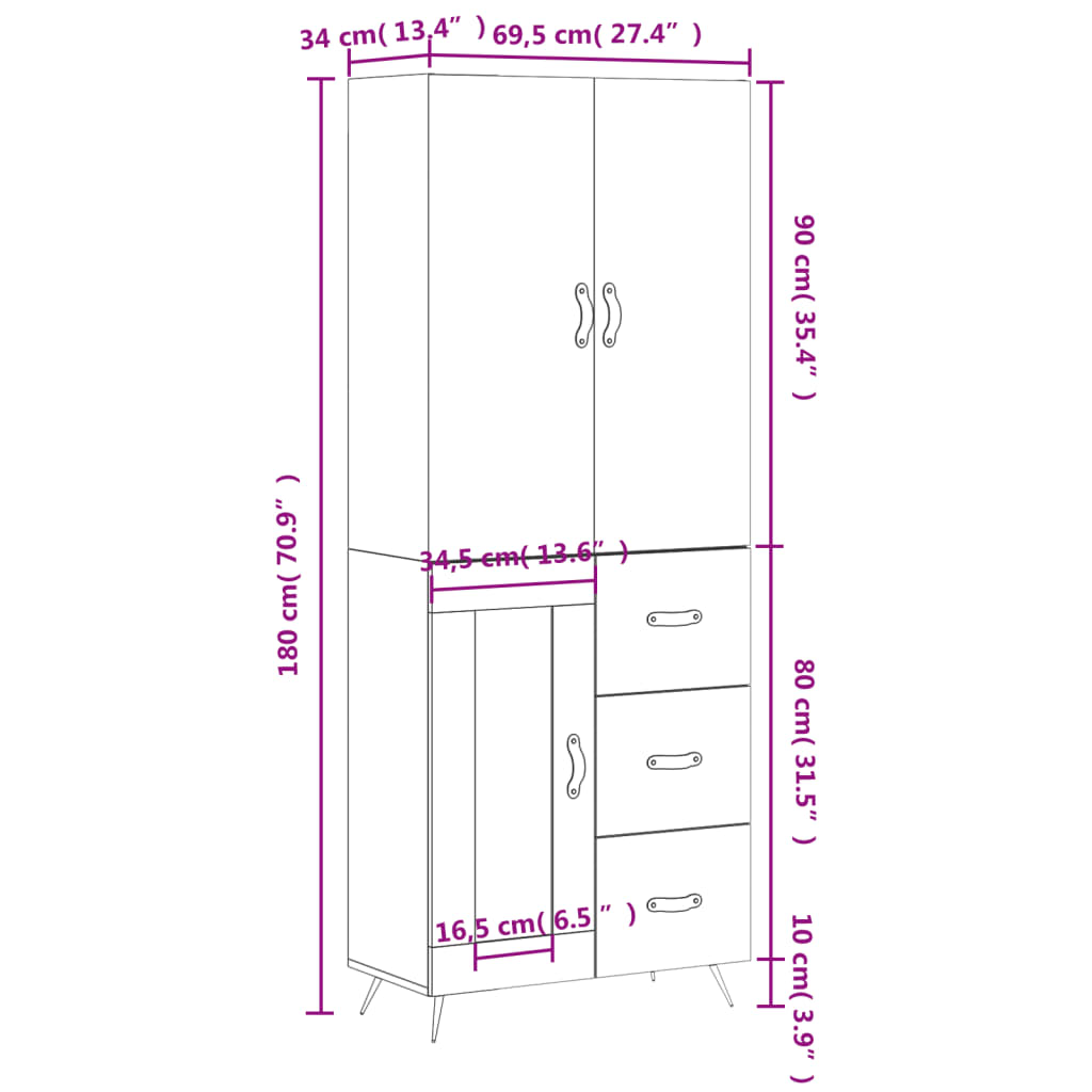 vidaXL Highboard Concrete Grey 69.5x34x180 cm Engineered Wood