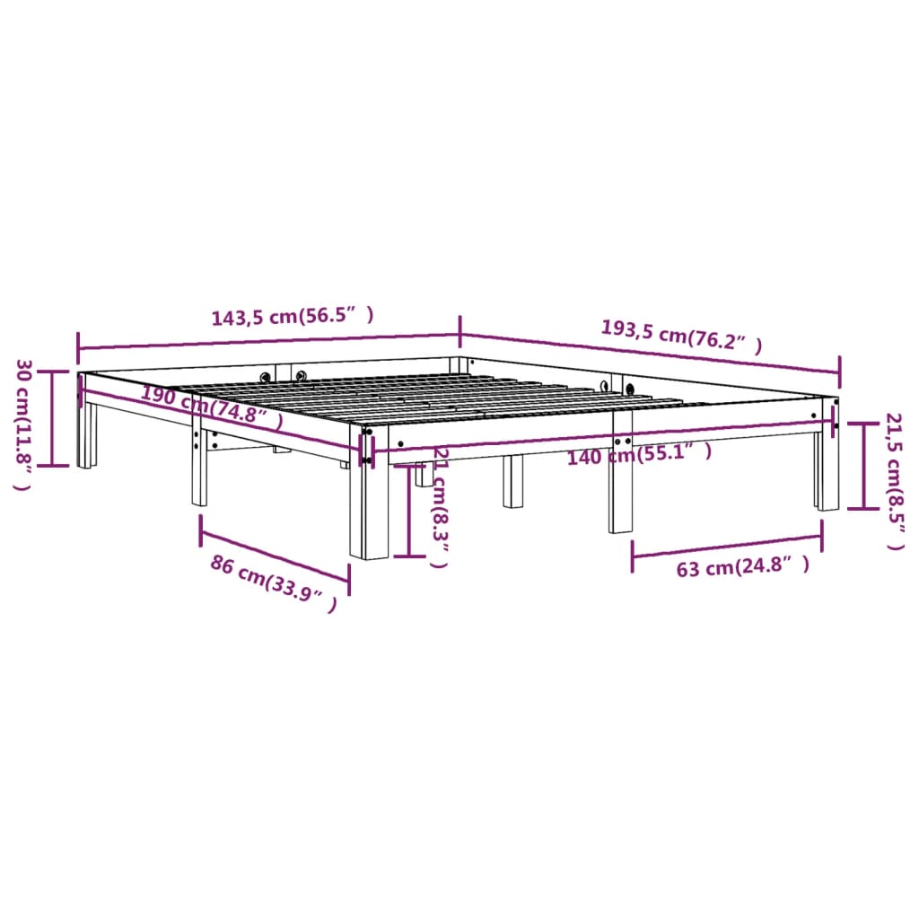 vidaXL Bed Frame without Mattress Solid Wood Pine 140x190 cm