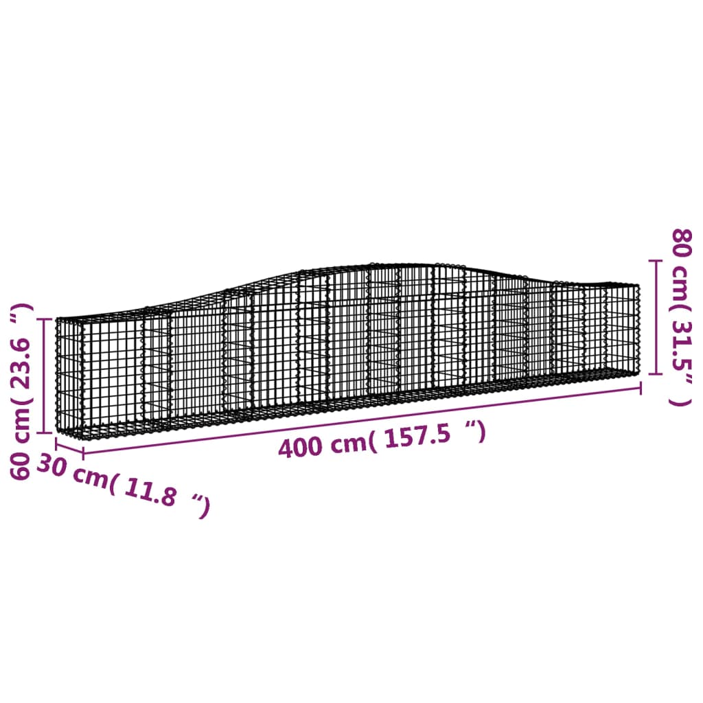 vidaXL Arched Gabion Baskets 4 pcs 400x30x60/80 cm Galvanised Iron