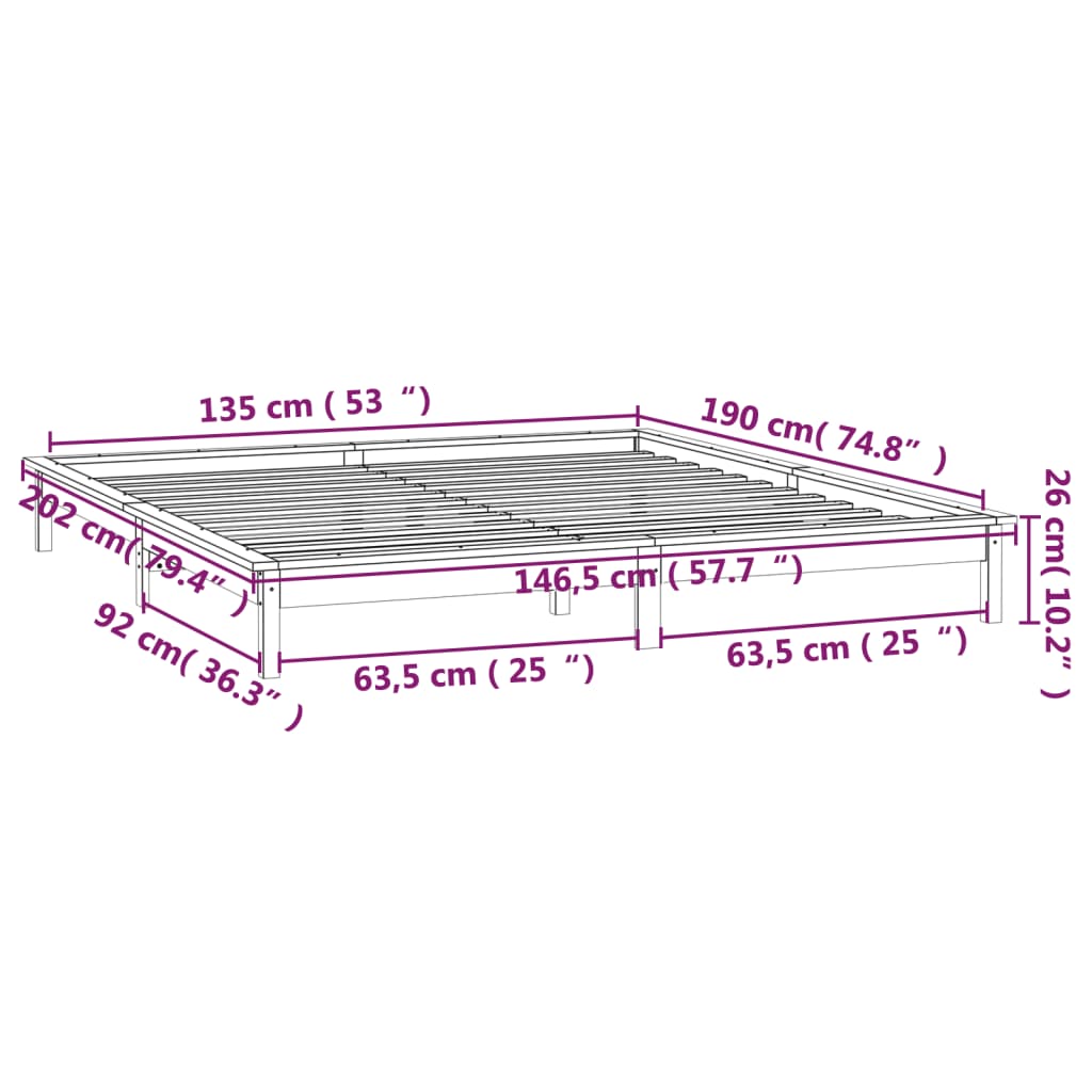 vidaXL LED Bed Frame without Mattress White 135x190 cm Double Solid Wood