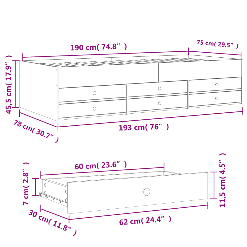 vidaXL Daybed with Drawers without Mattress Sonoma Oak 75x190 cm Small Single