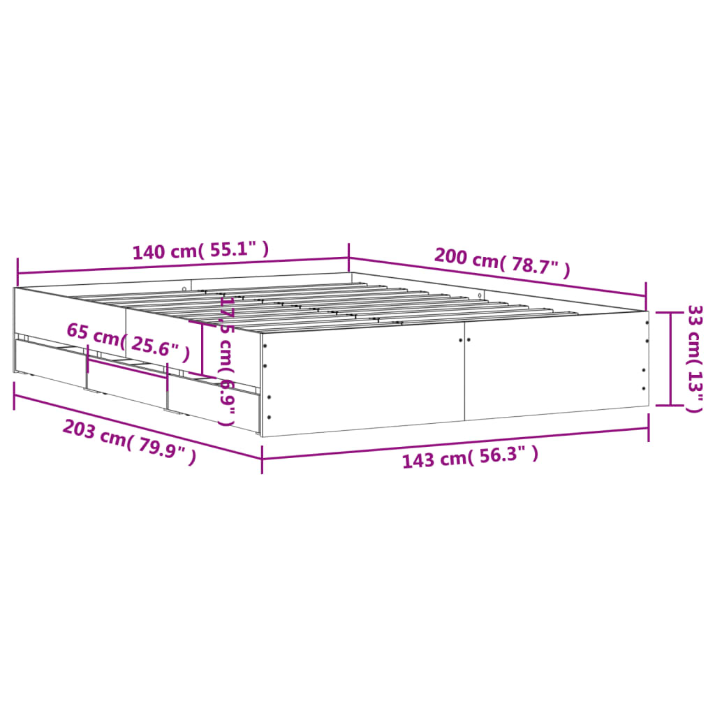 vidaXL Bed Frame with Drawers without Mattress Grey Sonoma 140x200 cm