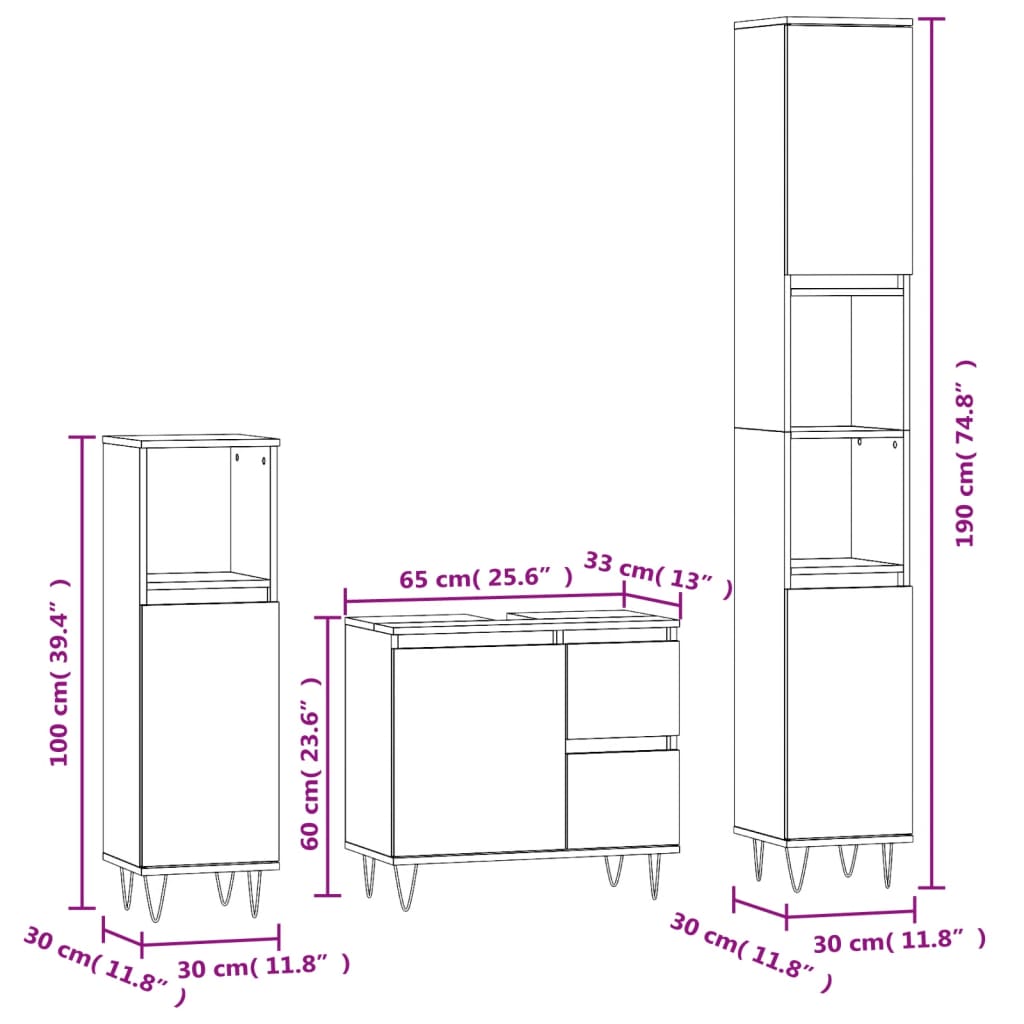 vidaXL 3 Piece Bathroom Furniture Set Grey Sonoma Engineered Wood