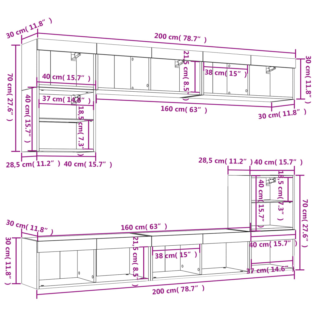 vidaXL 8 Piece TV Wall Units with LED Brown Oak Engineered Wood