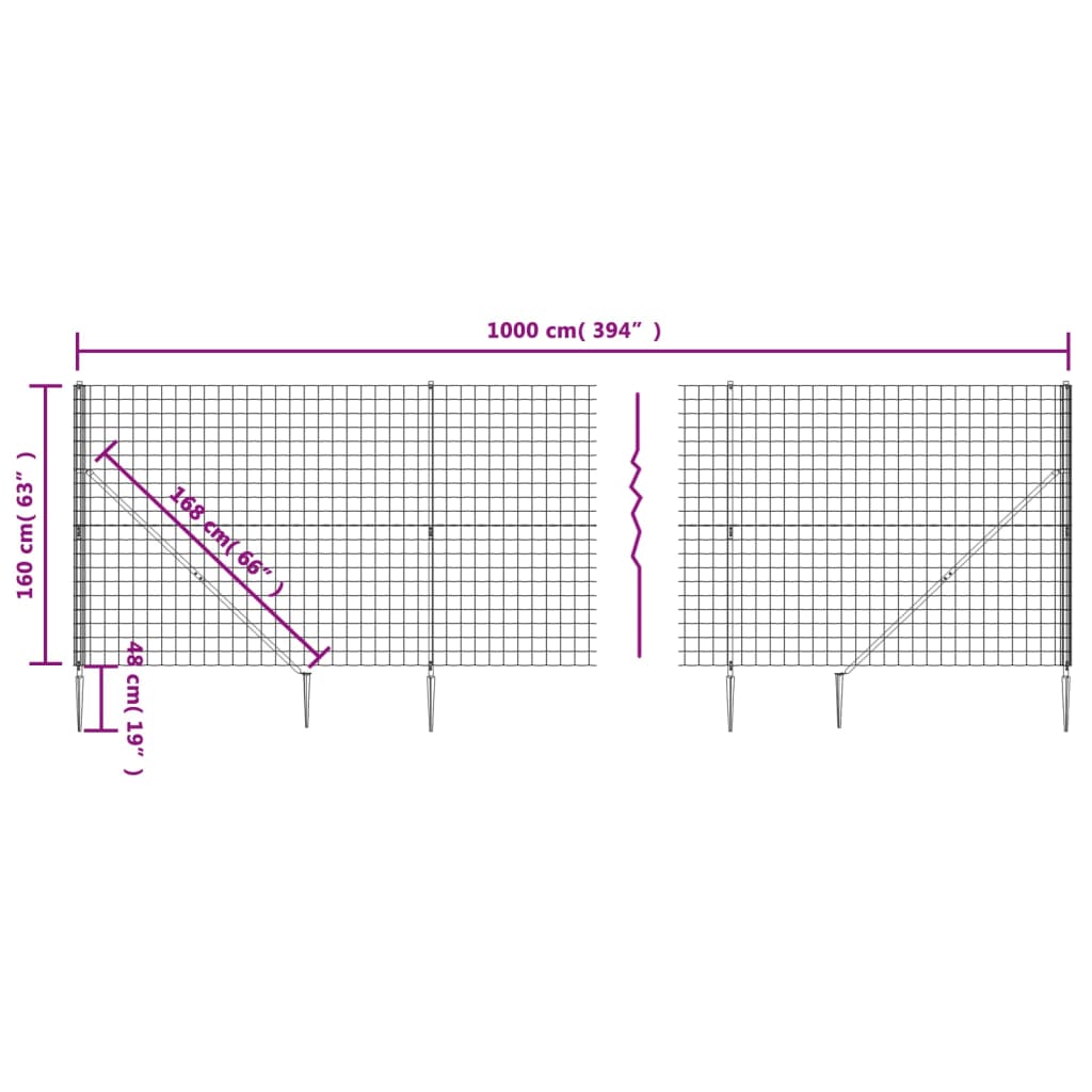 vidaXL Wire Mesh Fence with Spike Anchors Anthracite 1.6x10 m