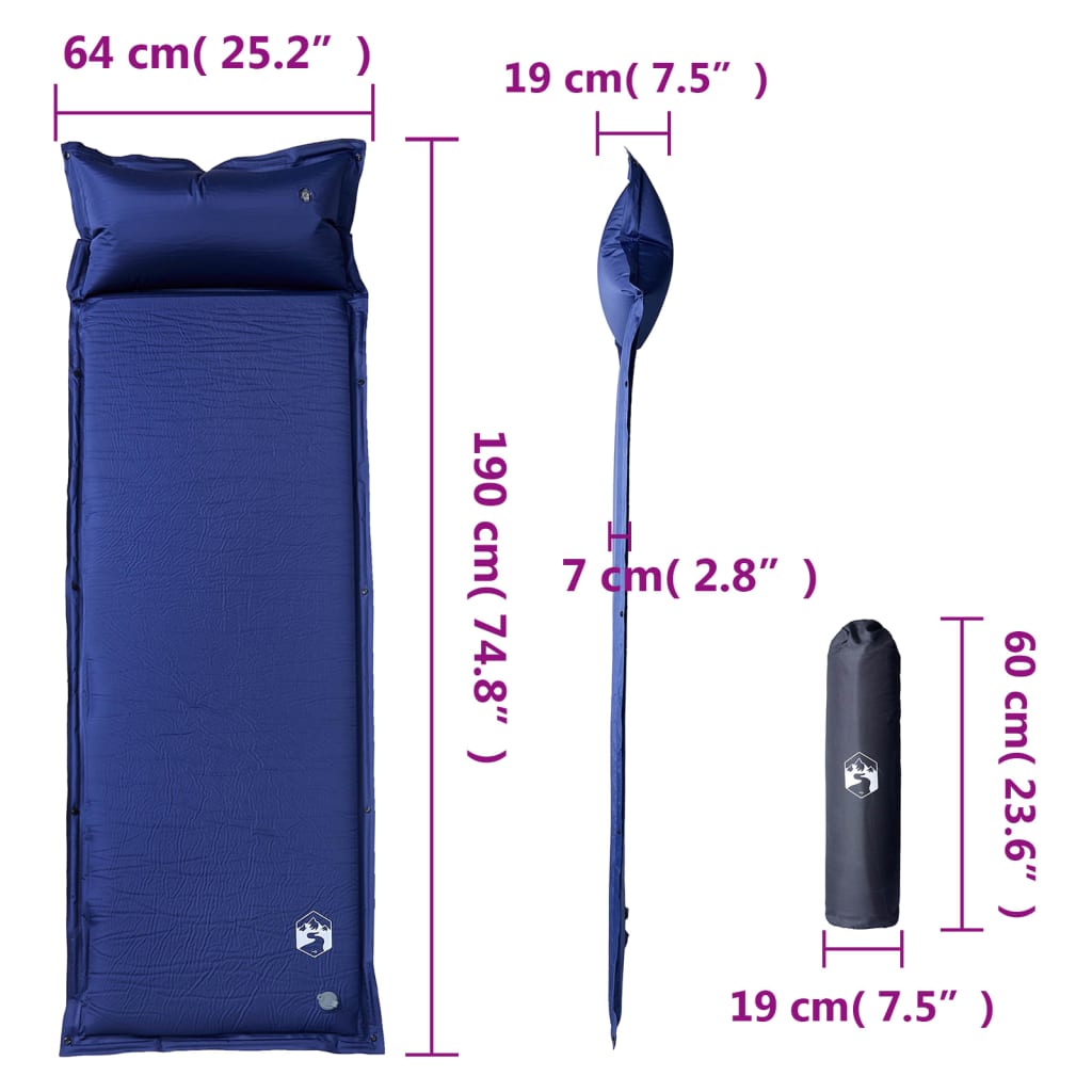 vidaXL Self Inflating Camping Mattress with Pillow 1-Person Navy Blue