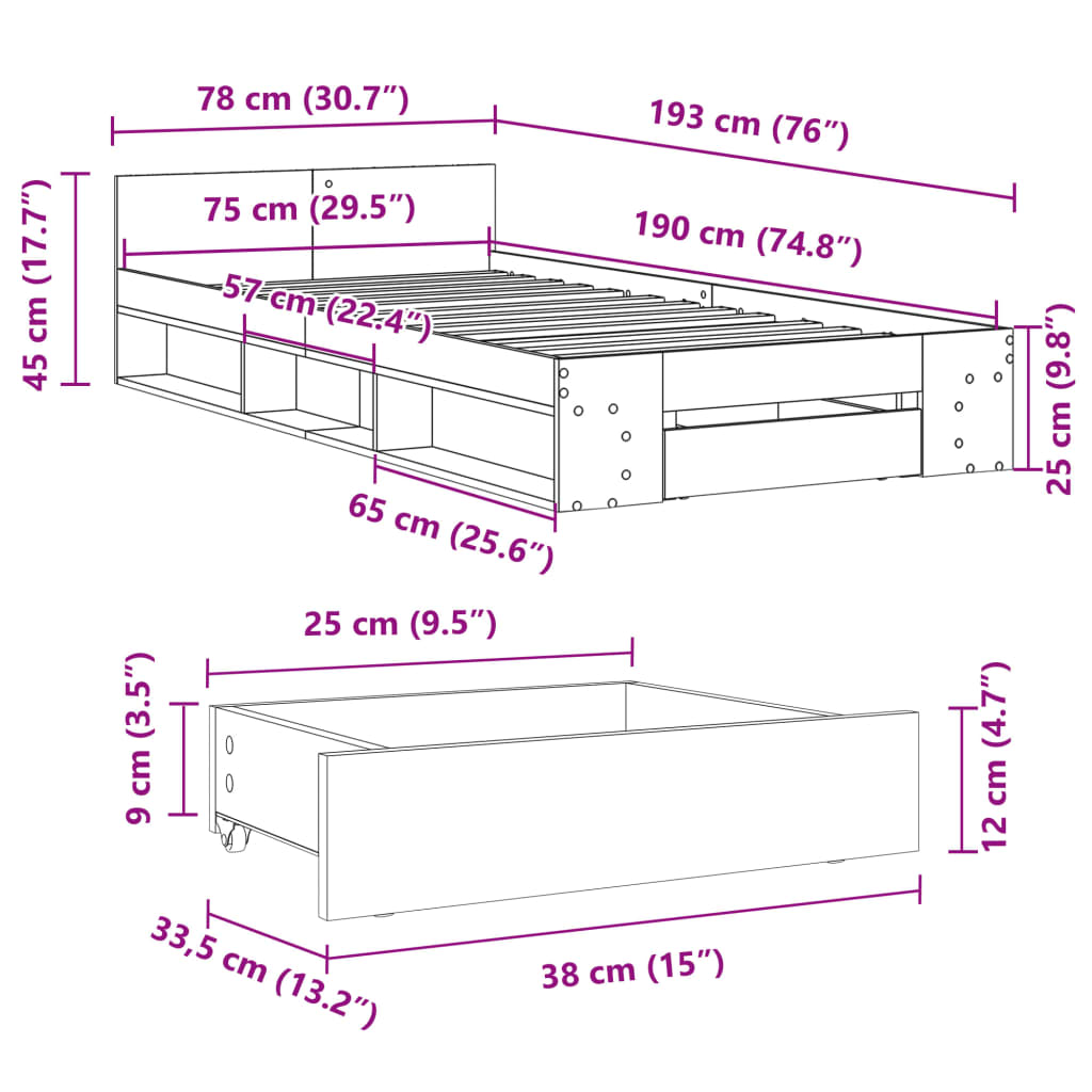 vidaXL Bed Frame with Drawer without Mattress Brown Oak 75x190 cm Small Single