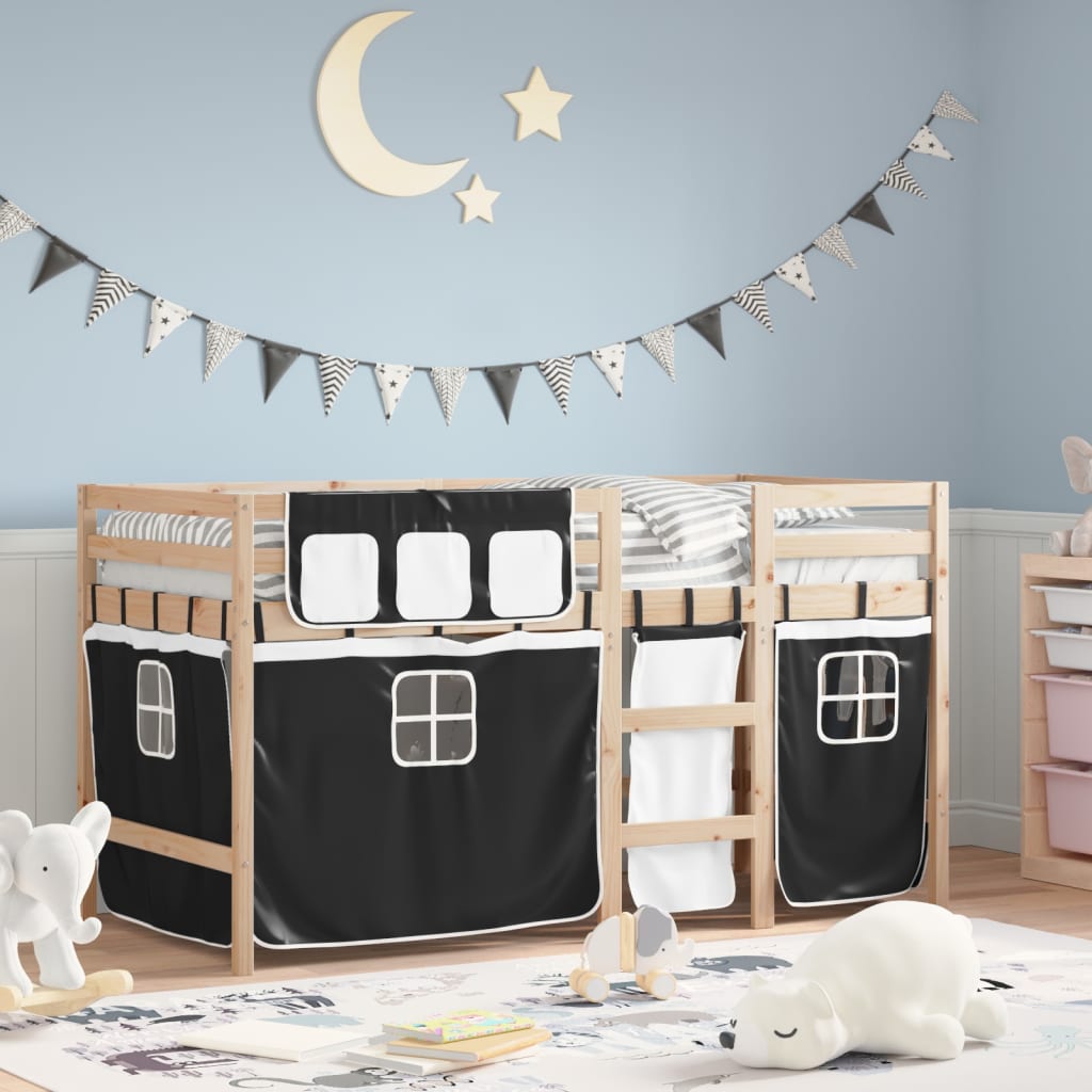 vidaXL Kids' Loft Bed with Curtains without Mattress White&Black 80x200 cm