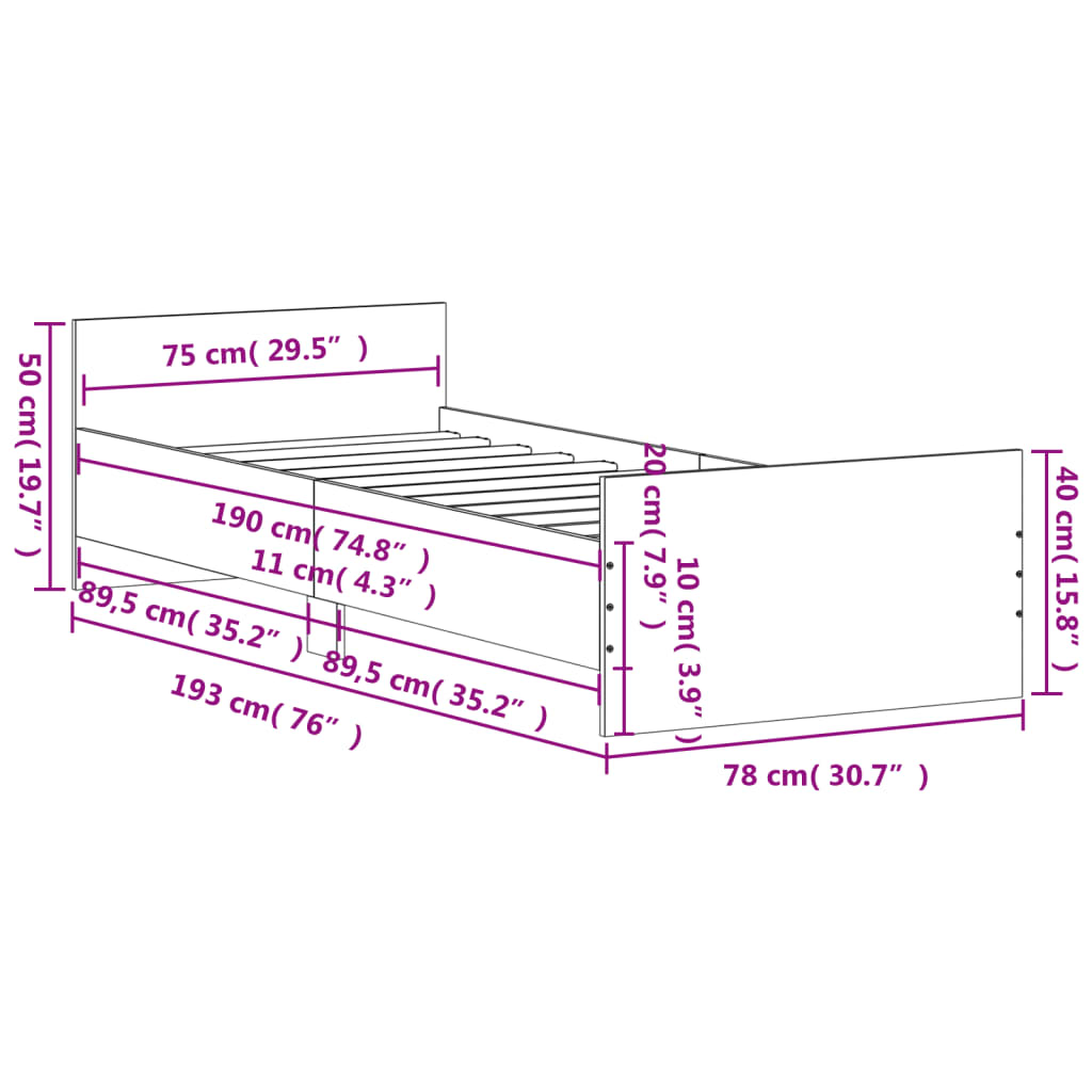 vidaXL Bed Frame without Mattress White 75x190 cm Small Single Engineered Wood