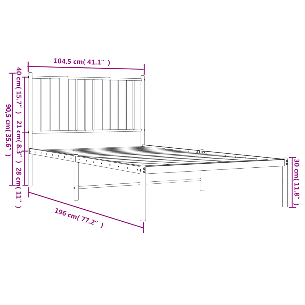 vidaXL Metal Bed Frame without Mattress with Headboard White 100x190 cm