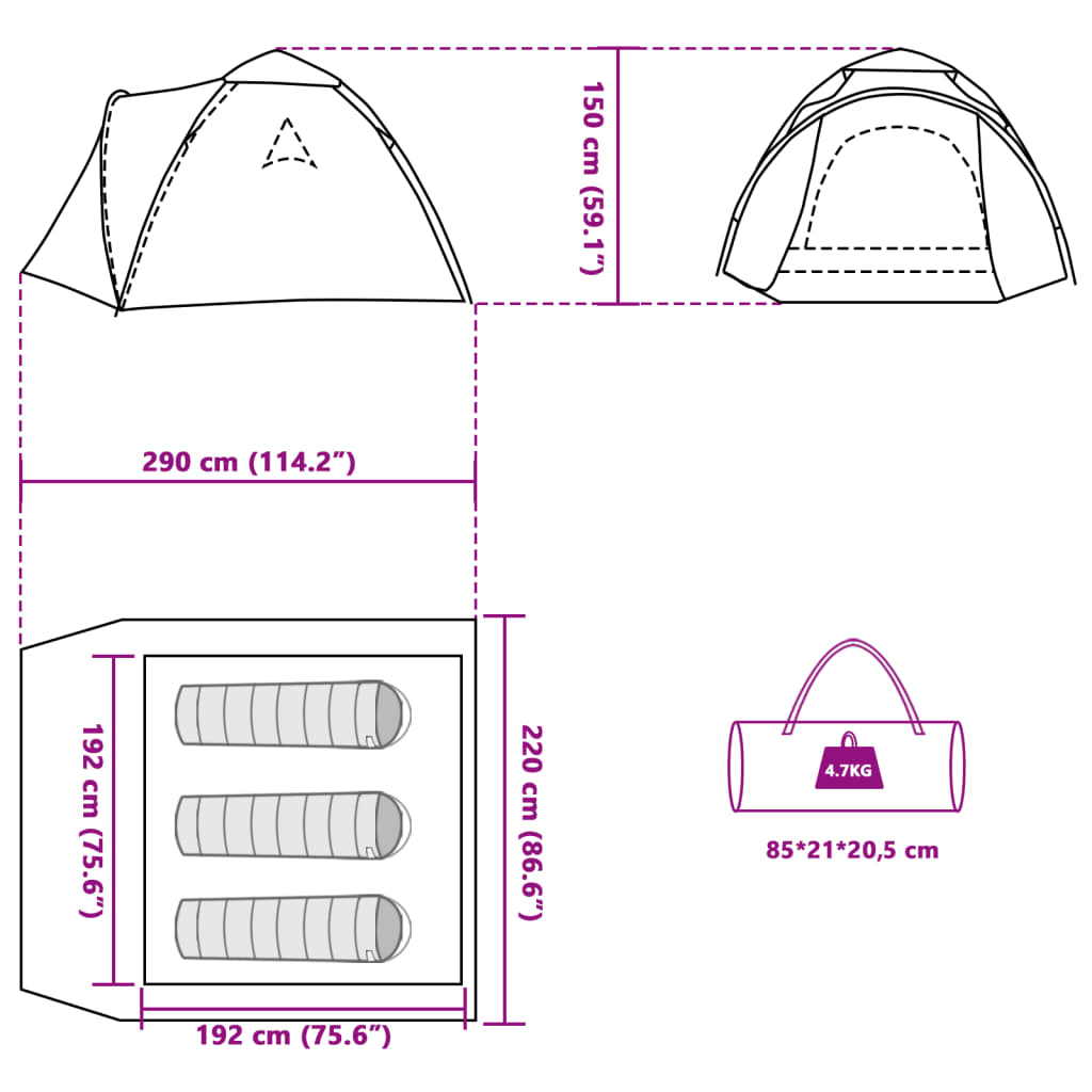 vidaXL Camping Tent Dome 3-Person Blue Quick Release