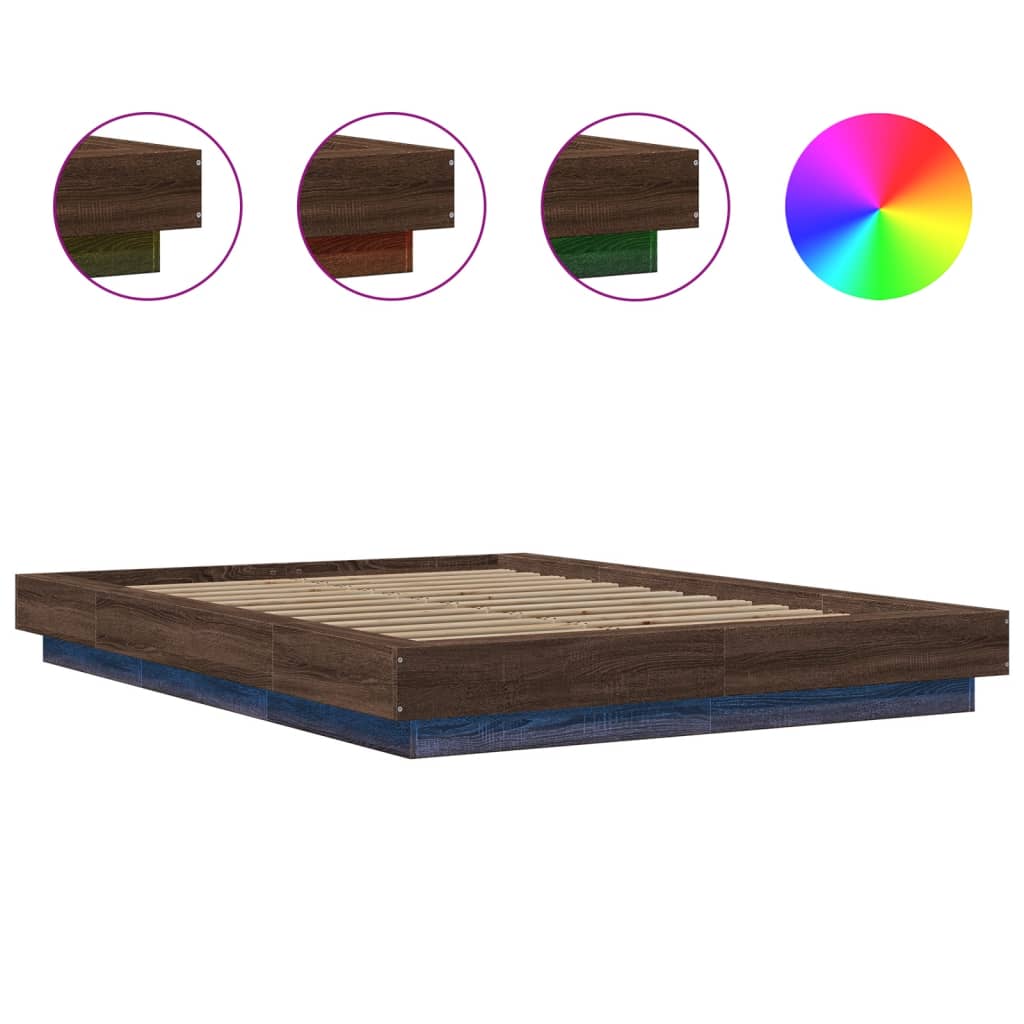 vidaXL Bed Frame with LED Lights without Mattress Brown Oak 135x190 cm Double