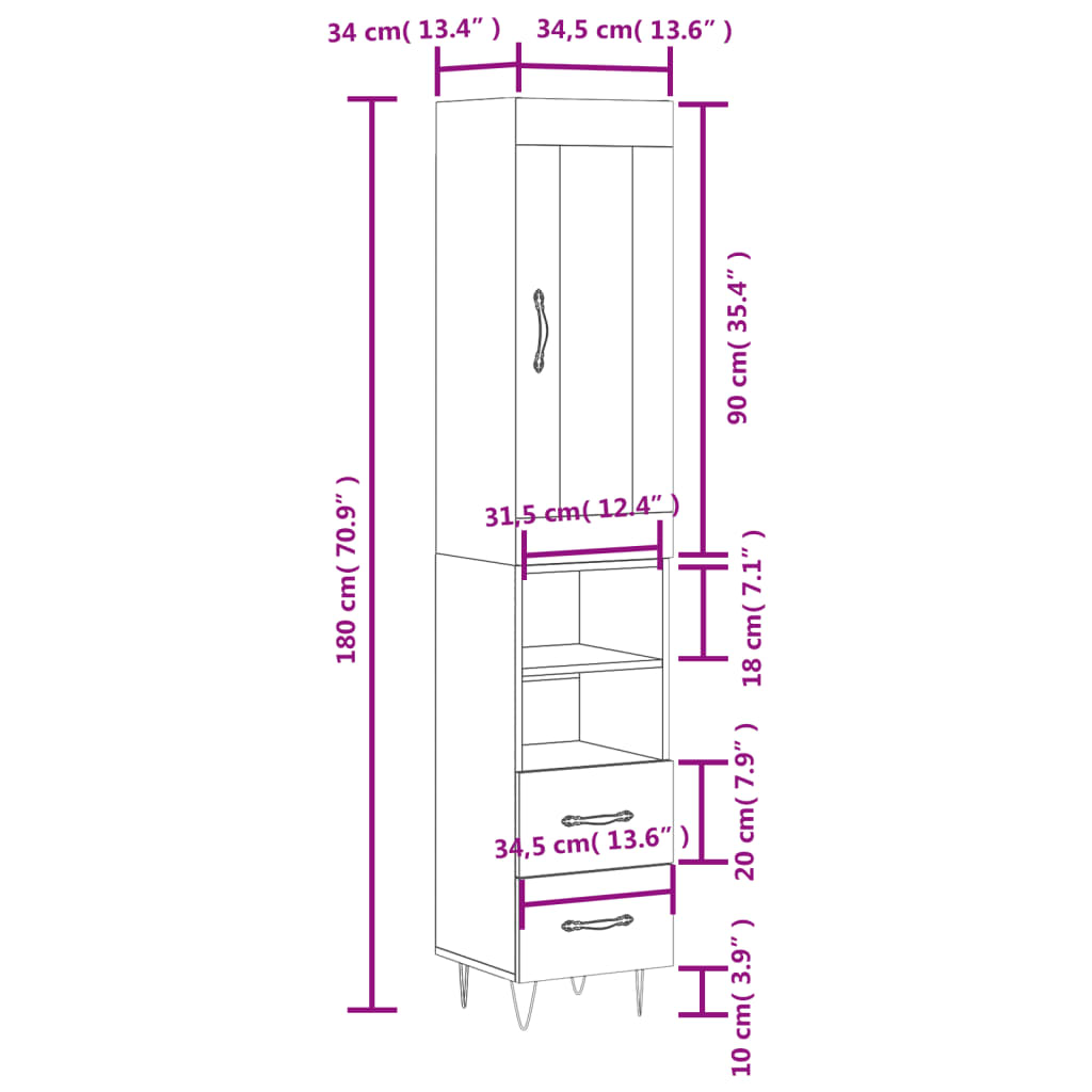 vidaXL Highboard High Gloss White 34.5x34x180 cm Engineered Wood