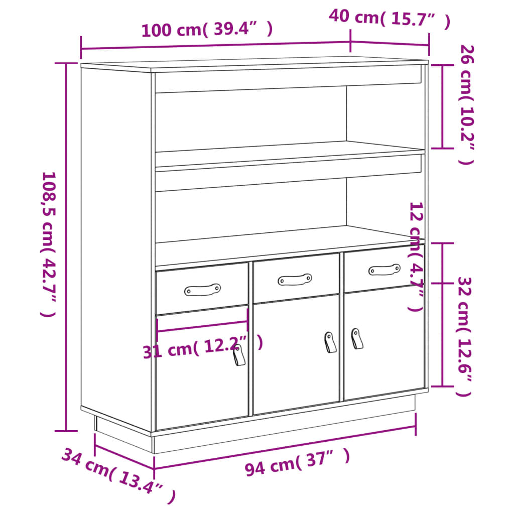 vidaXL Highboard White 100x40x108.5 cm Solid Wood Pine