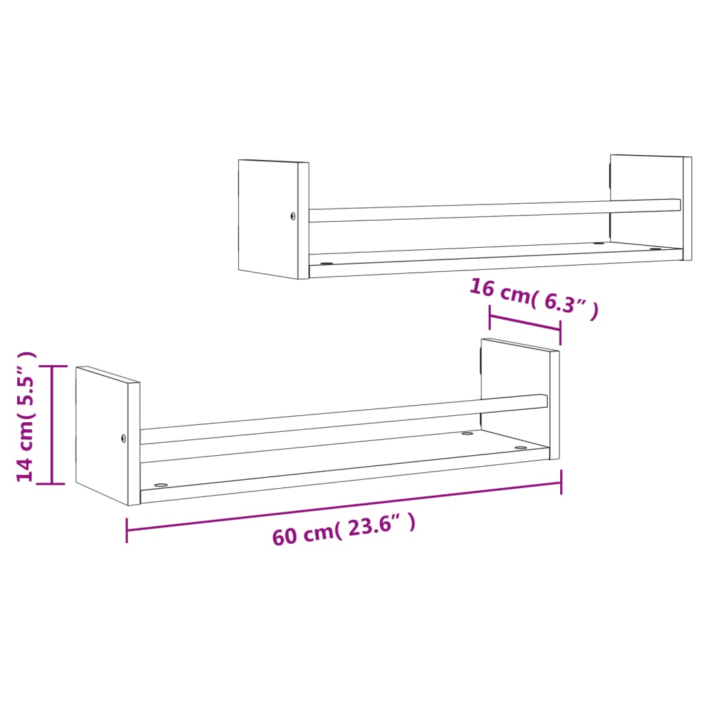 vidaXL Wall Shelves with Bars 2 pcs Sonoma Oak 60x16x14 cm