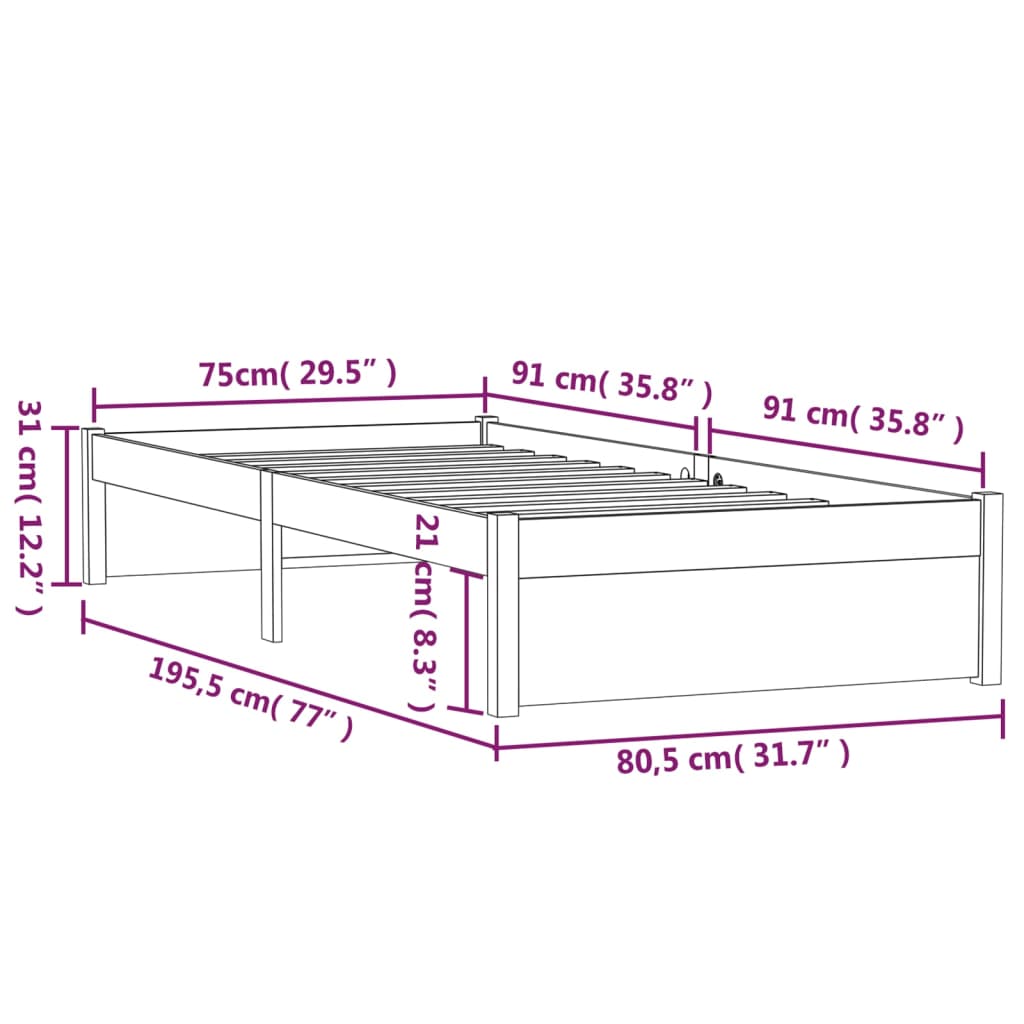 vidaXL Bed Frame without Mattress Black Solid Wood 75x190 cm Small Single