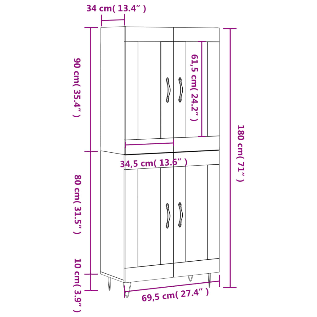 vidaXL Highboard Smoked Oak 69.5x34x180 cm Engineered Wood