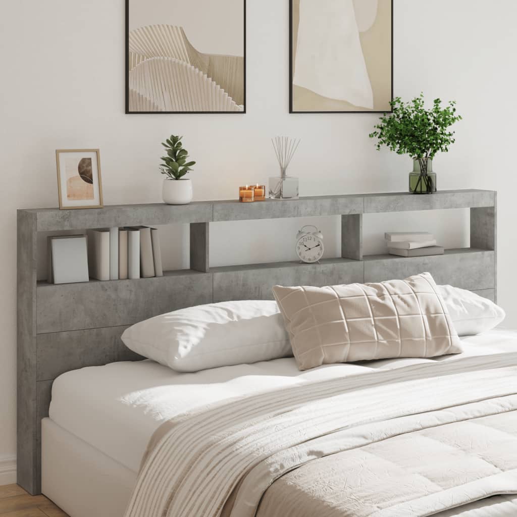 vidaXL Headboard Cabinet with LED Concrete Grey 220x17x102 cm