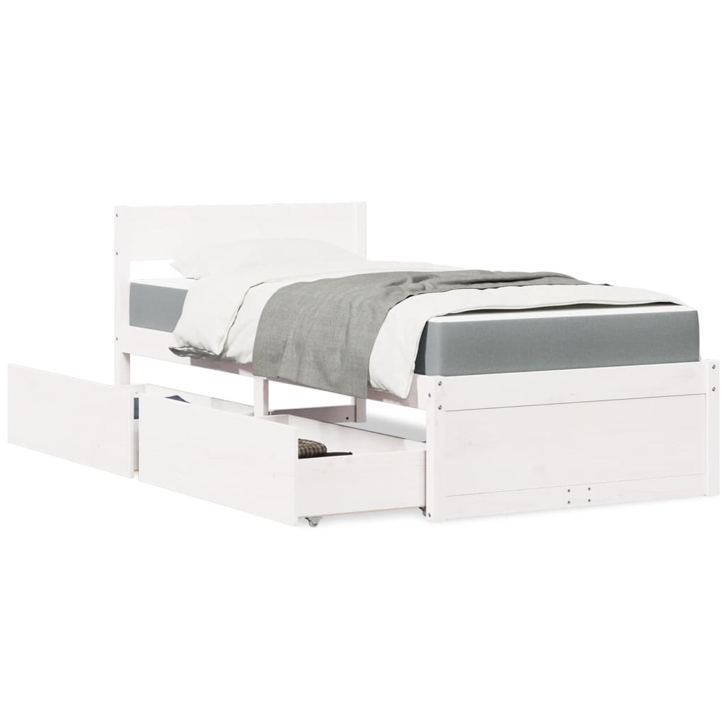 vidaXL Bed with Drawers and Mattress White 90x190 cm Single Solid Wood Pine