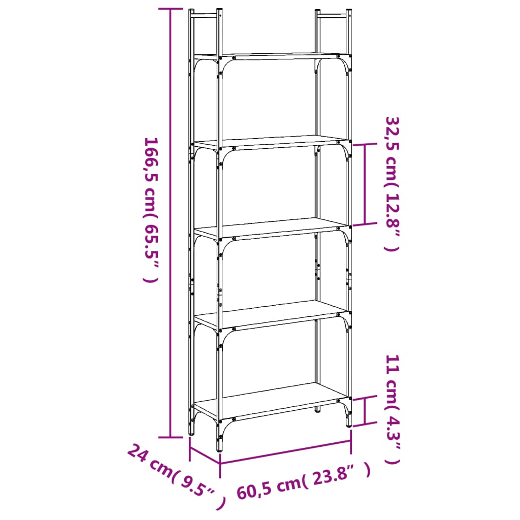 vidaXL Bookshelf 5-Tier Sonoma Oak 60.5x24x166.5 cm Engineered Wood