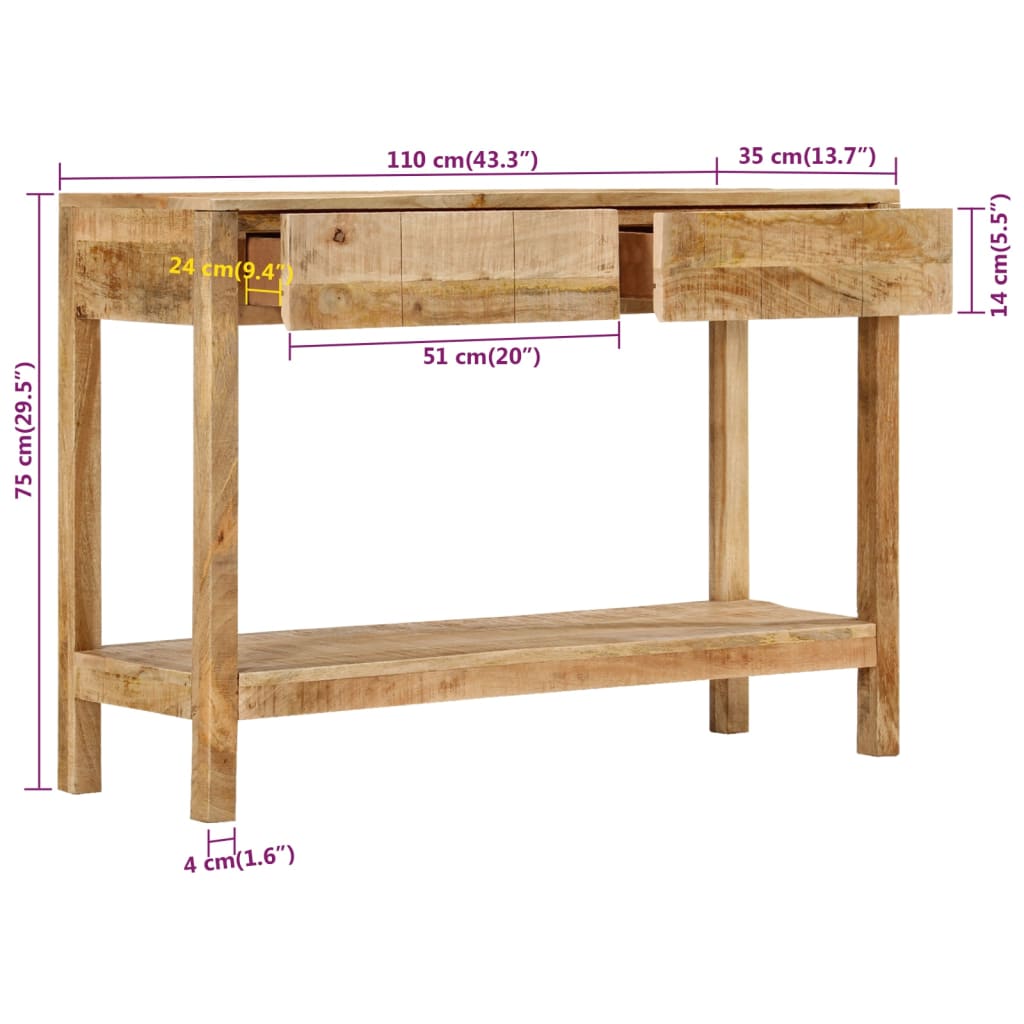 vidaXL Console Table with 2 Drawers 110x35x75 cm Solid Wood Mango