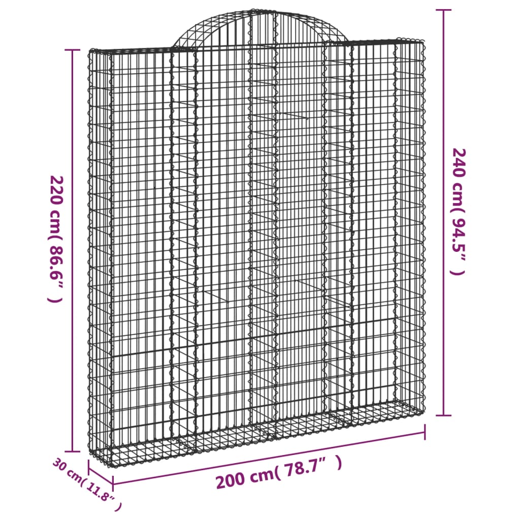 vidaXL Arched Gabion Basket 200x30x220/240 cm Galvanised Iron