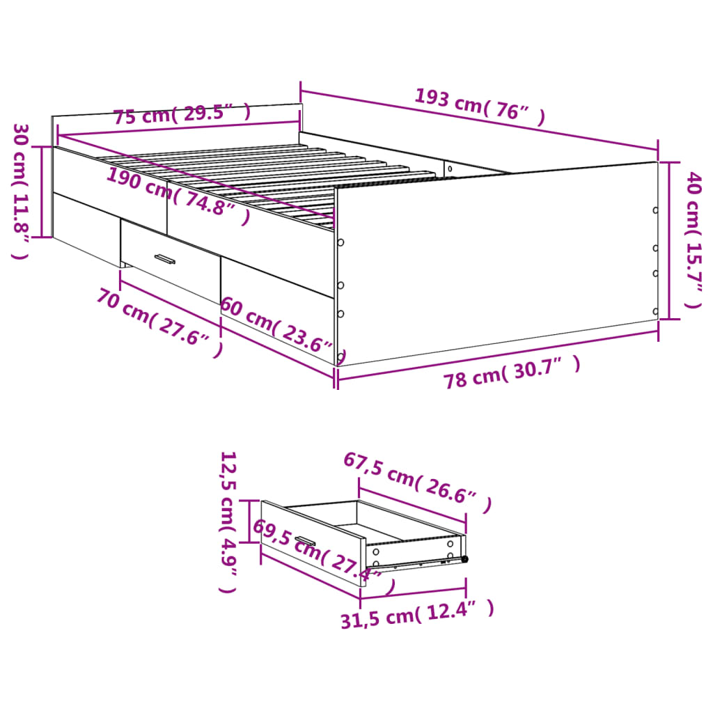 vidaXL Bed Frame with Drawers without Mattress Sonoma Oak 75x190 cm Small Single