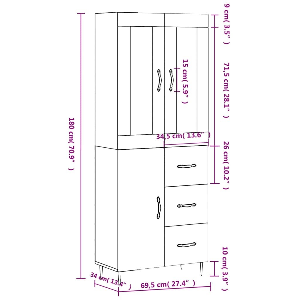 vidaXL Highboard Grey Sonoma 69.5x34x180 cm Engineered Wood