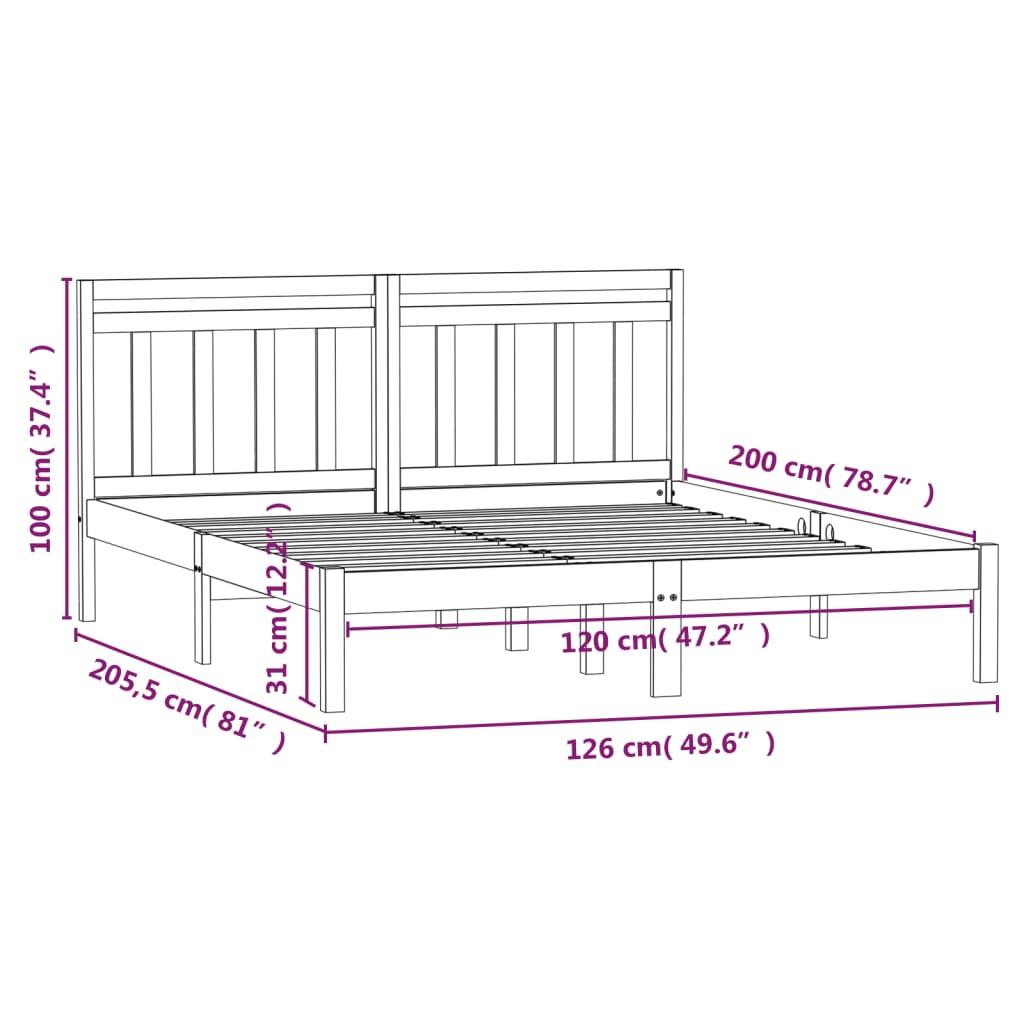 3100588 vidaXL Bed Frame without Mattress Black Solid Wood 120x200 cm (810016+814088)