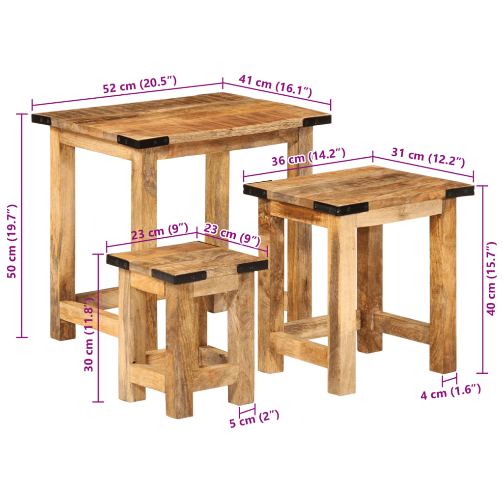 vidaXL Nesting Side Tables 3 pcs Solid Rough Wood Mango